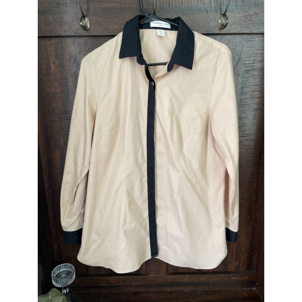 Blush Button Down Shirt | Minimalist Office Blouse | Black Collar Career Top M